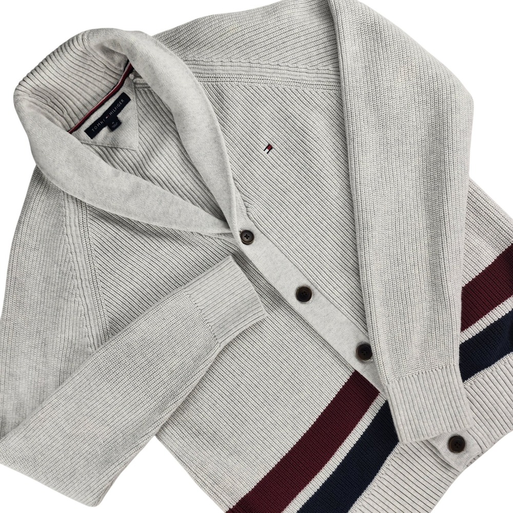 Tommy Hilfiger Cardigan Men Medium Gray Striped Shawl Collar 100% Cotton preppy - Picture 1 of 13